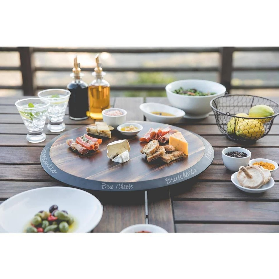 Bandeja para servir Picnic Time Lazy Susan madera de acacia lápiz de piedra de jabón redondo giratorio Foto 4 de 4