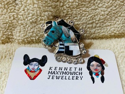 Native American Zuni Eldred Martinez Signed Silver Turquoise Pony Horse Sz7 Ring
