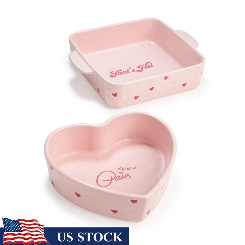 2 Piece Ceramic Baker Set Heart Square Bakeware Oven Safe Dishwasher Safe New