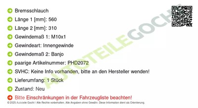 Bremsschlauch für Land Rover Discovery III 2004-2018 Vorne Rechts TRW Phd2073