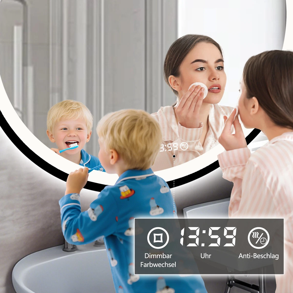 LED Badspiegel Rund Schwarzrahmen Uhr Temperatur Touch Dimmbar Antibeschlag 60cm