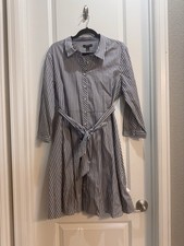 NWT Tommy Hilfiger Collared Blue/white Stripes Dress Sz16 Belted 3/4 Sleeves
