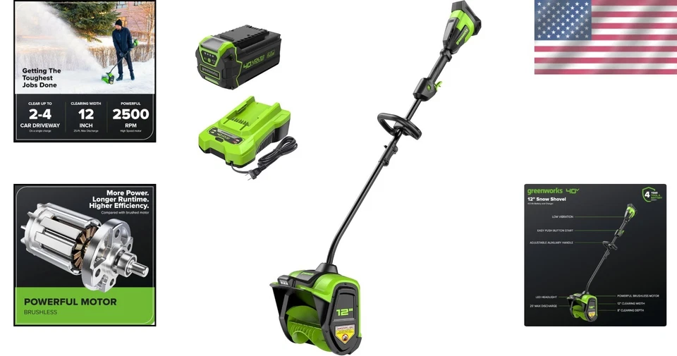 Pala de Nieve Inalámbrica 40V con Luz LED - Eficiente 12" Ancho y 2 Ajustes de Velocidad Foto 2 de 4