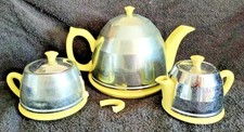 Vintage Chrome Teapot Jug & Sugar Bowl Set – Yellow China Handles England c1950s