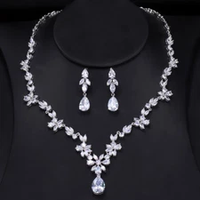 Silver Plated White CZ Necklace Earrings Sets Bridal Costume Jewelry Accessories