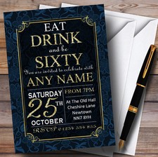 Blue & Gold Flowers 60th Personalised Birthday Party Invitations