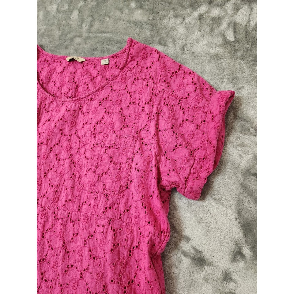 Jack Wills Floral Embroidered Eyelet Blouse Size 10 Pink Cuffed Short