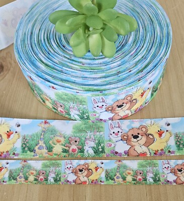 7/8 or 1.5'' (1 YD) Baby Animal Grosgrain Ribbon Duck Teddy Bear Giraffe Bunny 