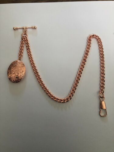 unusual single albert rose gold plated pocket watch chain fob t bar locket  - Afbeelding 1 van 12