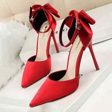 Womens Bow Pumps Silk High Heels Stilettos Ankle Strap Sandals Wedding Shoes
