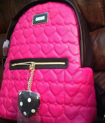 BETSEY JOHNSON LARGE Backpack Hearts shoulder Black Pink New 