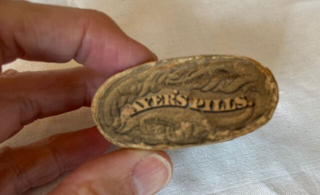 Antique Medicine Box Quack: Ayer's Vegetable Pills Amazing Logo Graphic. Antique Medicine Box Quack: Ayer's Vegetable Pills Amazing Logo Graphic.