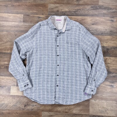 Tommy Bahama Shirt Mens XL Gray Plaid 100% Linen Long Sleeve Knit Button Up