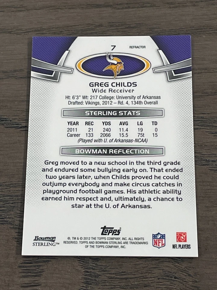 2012 Bowman Sterling Gold Refractor Greg Childs RC #7 Minnesota Vikings /50 - Image 2 of 2