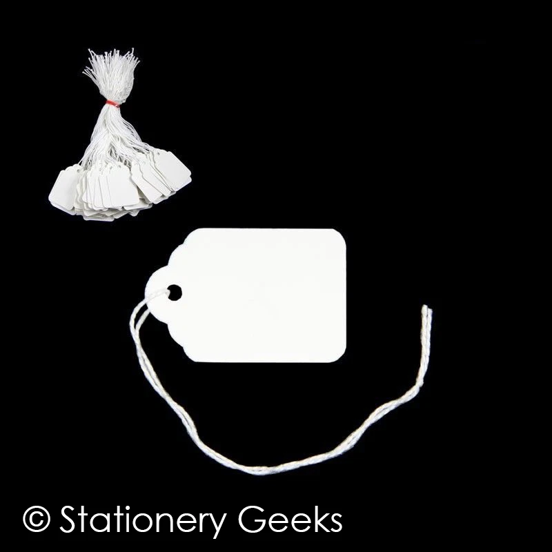 100 White Strung Tickets 46 x 30 mm Price Tags String Swing Labels 46mm x 30mm