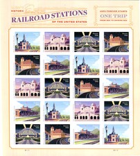 USPS #5758-62c Ndc Iimperf Chemin de Fer Stations Timbres Feuille / 20 IN Aux