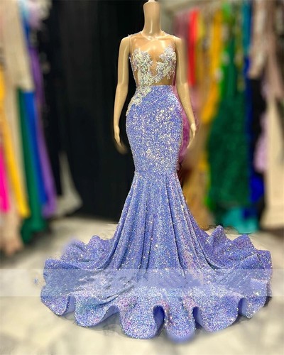 Sexy Lilac Sequins Beaded Mermaid Prom Dresses Lace Appliques Plus Size Gowns