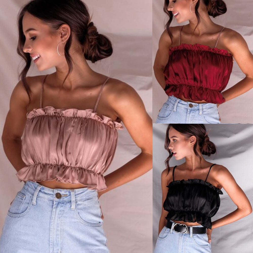 Sexy ruffled halter tube top chiffon sleeveless T-shirt women casual tops