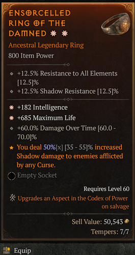Diablo 4 S7 Season 7 2GA Legendary Ring 182 Intelligence 685 max life