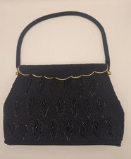 Vintage Black Fully Beaded Evening Bag Purse Scalloped Trim Art Deco Hong Kong