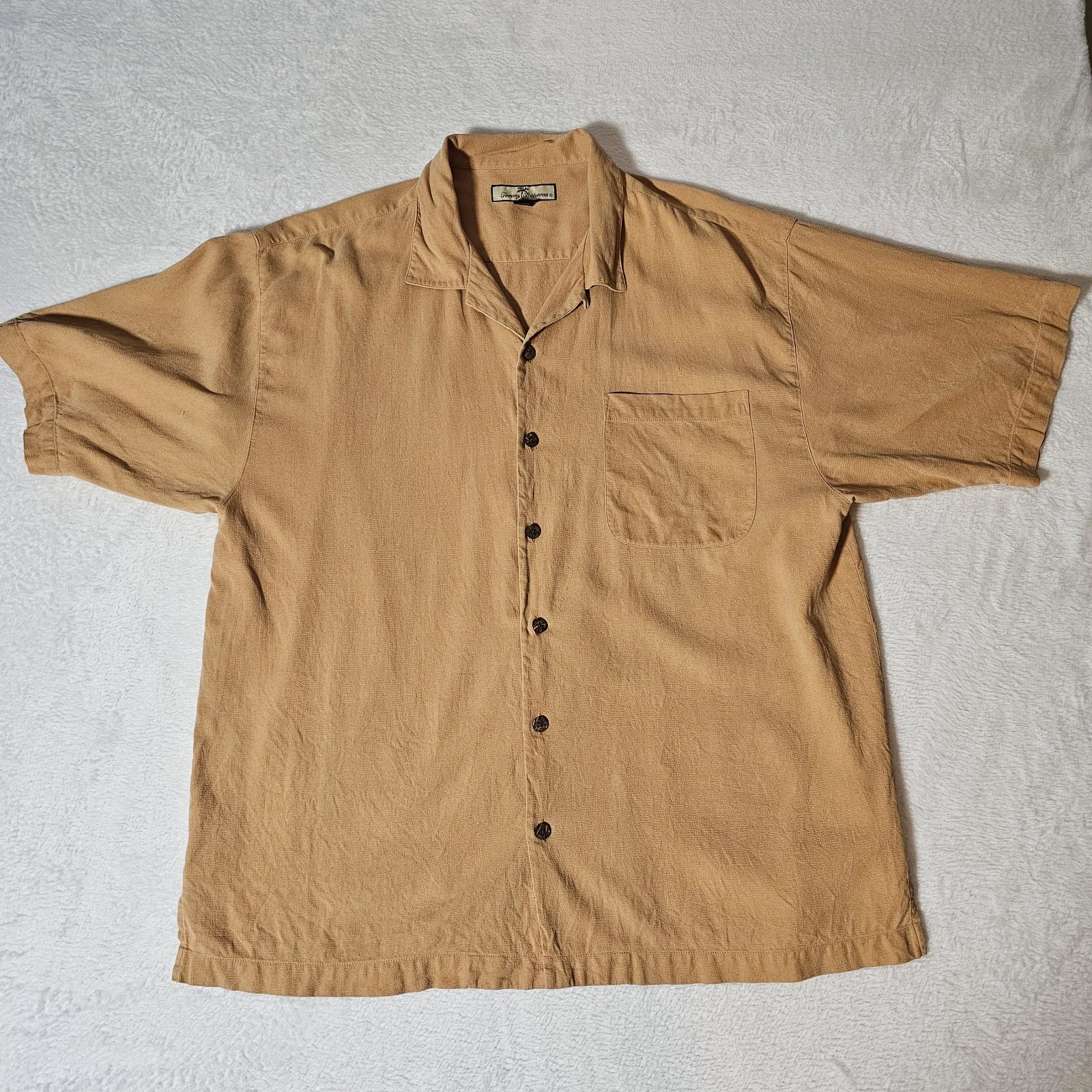Tommy Bahama XL 100% Silk Tan Hawaiian Button Down Shirt