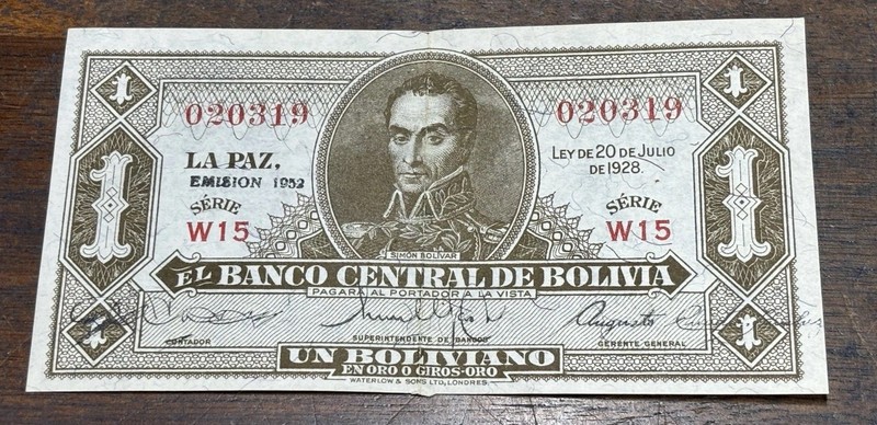 BOLIVIA NOTE L. 1928 ovp EMISION 1952 1 BOLIVIANO Series B16