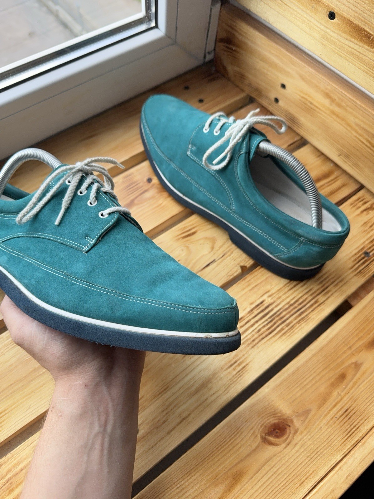 Luxury Retro 00s Rare Bally Switzerland Teal Nubuck Derby Shoes US 10E EU44 UK9 image 3
