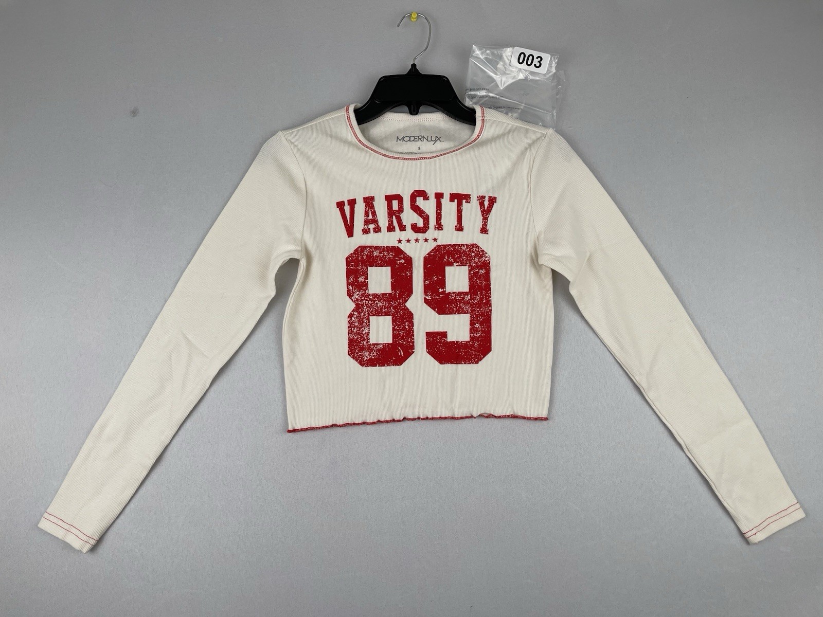 Modern Lux Varsity Prep women’s Long Sleeve Crop Top Ivory Size SMALL