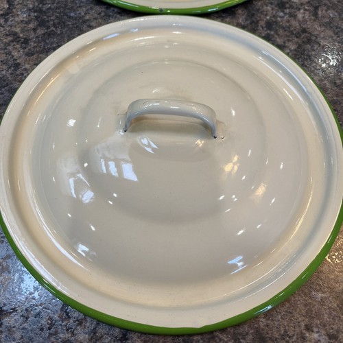 Cream W/ Green Trim 9” Enamelware Pot Pan Lids (Only) - Picture 2 of 7