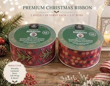 QTY 2 Member  s Mark Premium Wired Christmas Ribbon 50 YardsTrees Dots Garland