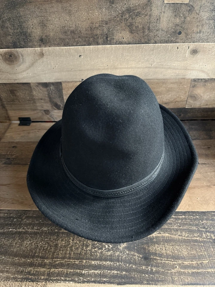 Abas de ouvido Tilley Endurables Montana Fedora tamanho 7 preto pulseira de couro lã - Imagem 2 de 4