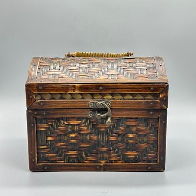 Vintage Bombay Woven Bamboo Rattan Decorative Trinket Chest 5.5''x7'' Boho Rustic