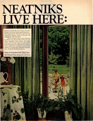 Sears Perma-Prest Draperies Vintage Magazine Ad 1960s Neatniks Green AD046