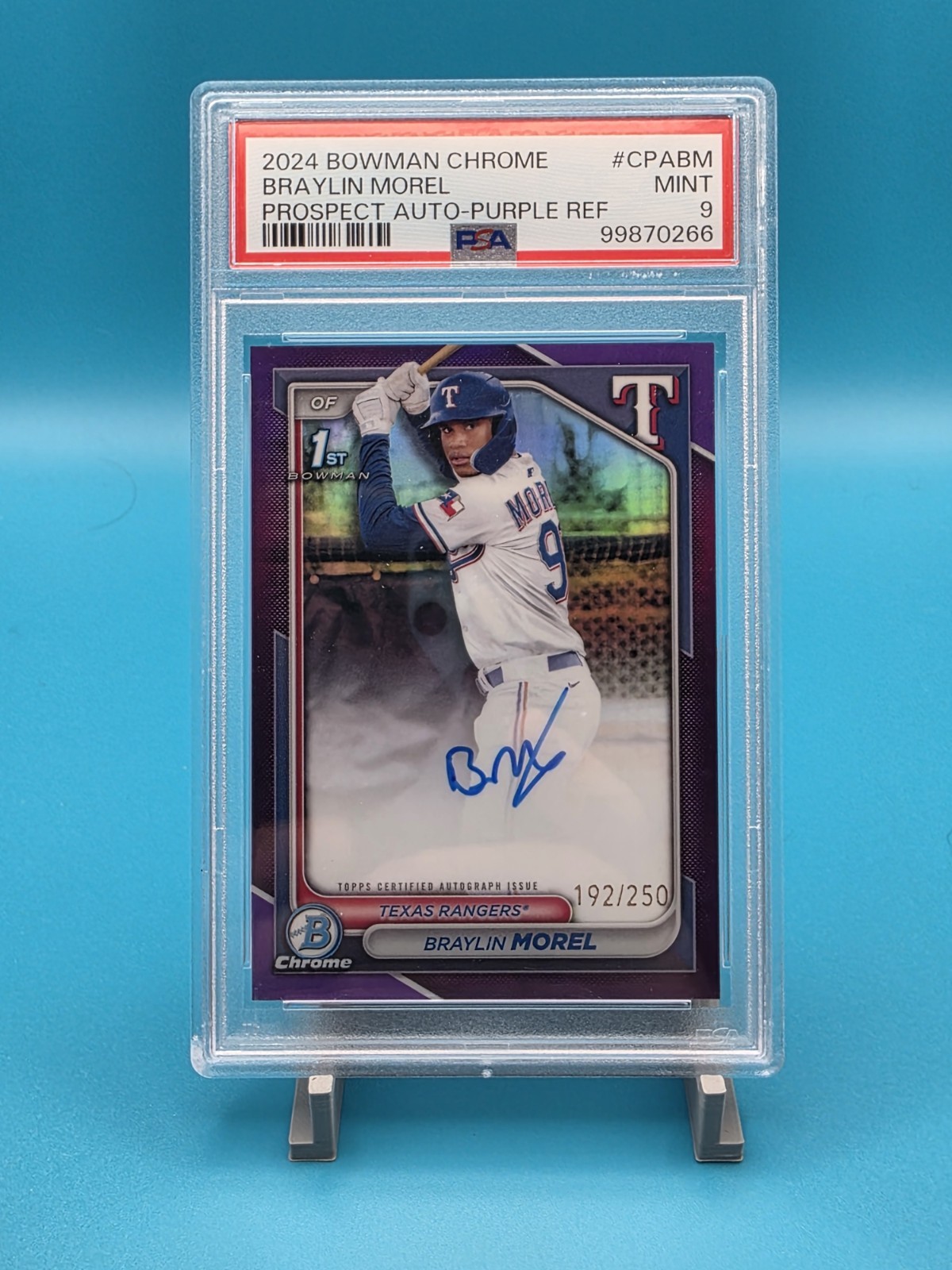 2024 Bowman Chrome BRAYLIN MOREL Purple 1st Auto SP /250 PSA 9 - Texas Rangers