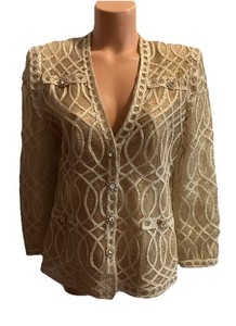 Farinae 1980s Collections Vtg Champagne Metallic Mesh Embroidered Net Jacket, 10