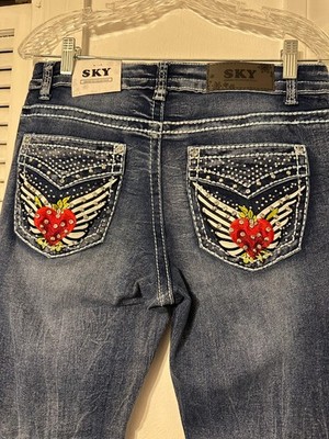 SKY Premium Collection Low Rise Boot Cut Jeans Size 13/31 Embellishments