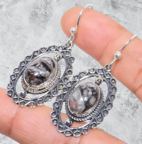 Pendiente de plata de ley 925 con piedras preciosas étnicas turquesa negra natural 2,0" i223 Foto 3 de 4