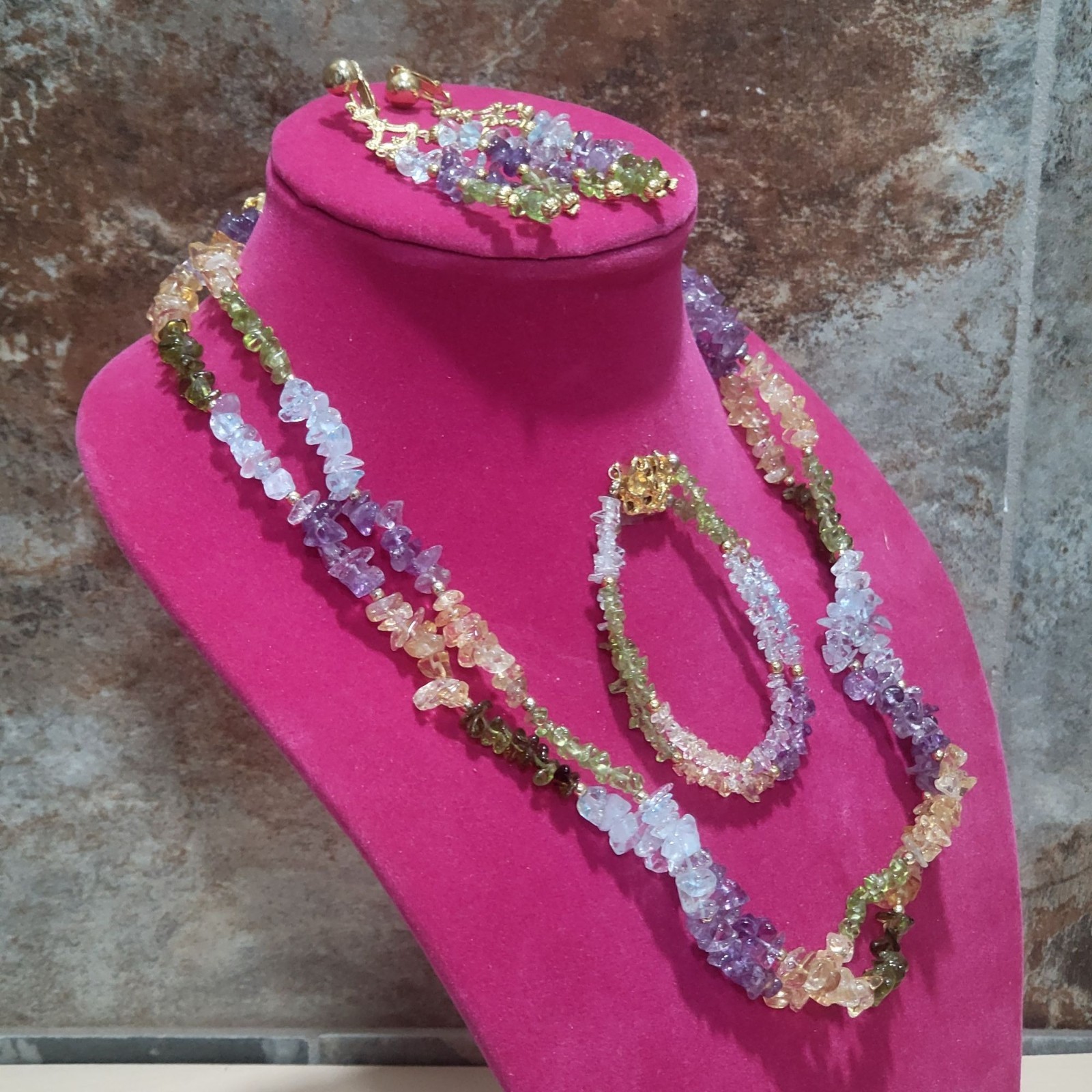 Multi Colored Gemstone Chip Necklace Bracelet Ear… - image 3