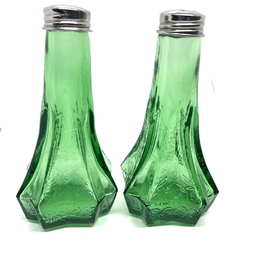 Vintage Floral Embossed Emerald Green Depression Glass Salt & Pepper Shakers