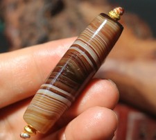 Energy Tibetan Old Fire Agate Natural Silkworm Line Big Rich dZi Bead Amulet 122