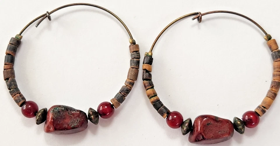 Lote de 4 pendientes perforados boho con cuentas aros colgantes madera vidrio piedra ratán pr Foto 2 de 4