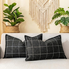 Black 12X20 Pillow Cover, Boho Plaid Lumbar Pillow Covers 12X20 Set of 2, Black