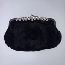 Vintage Black Velvet Small Clutch With Rhinestone Edge Matching Coin Purse Comb