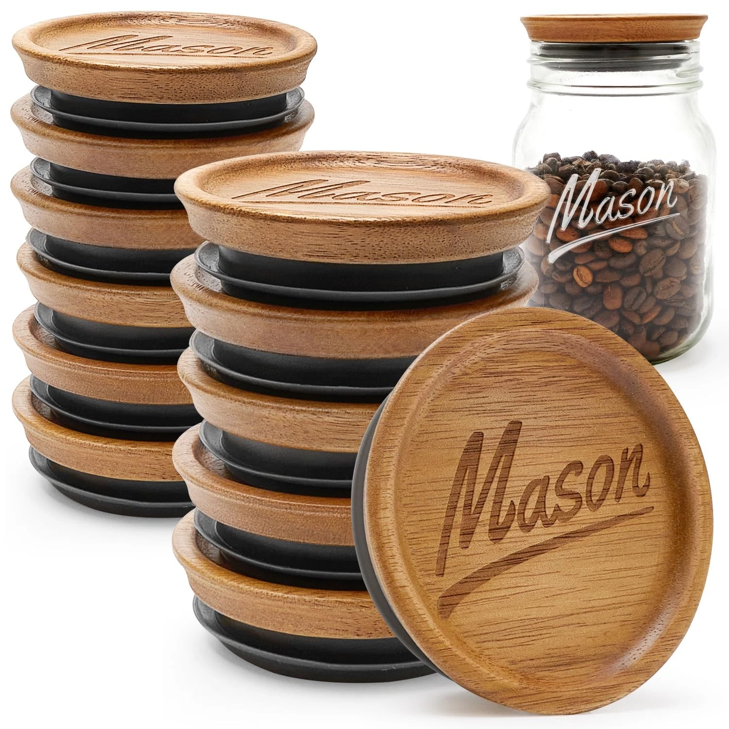 12 Pack Acacia Wood Mason Jar Lids Wide Lid & Regular Mouth Lids Small Large ...