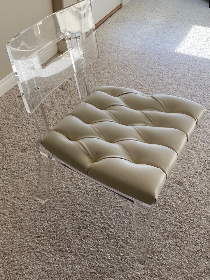 Clear Acrylic Lucite Boudoir Bedroom Accent Chair Cream Upholstery Hollywood - Image 3 of 4
