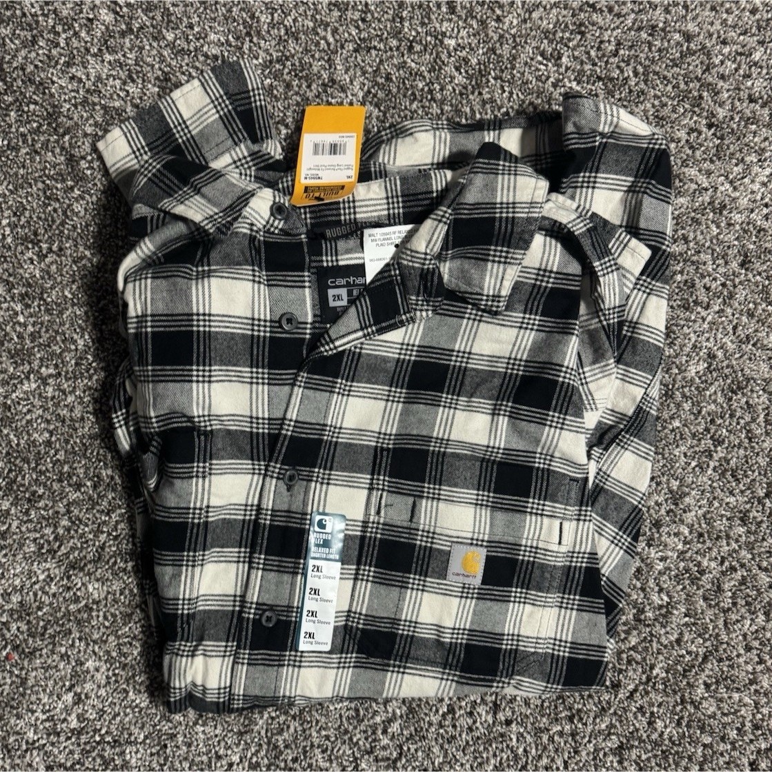 Carhartt Men's 2XL Black/White Plaid Flannel Button-Up Shirt Long Sleeve