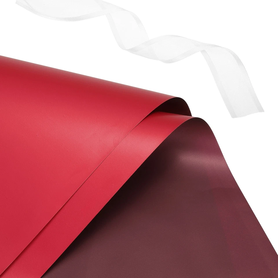 20 hojas de papel de envolver flores con cinta 22,8"x22,8" rojo mate/borgoña Foto 4 de 4