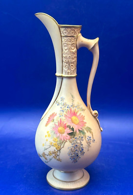 Royal Worcester antiker Krug Blush Elfenbein handbemalt mit Blumen, 1904