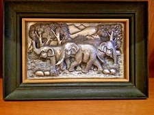 'Elephant Migration' Art Aluminum Repoussé Wall Relief Framed w/Easel Thailand