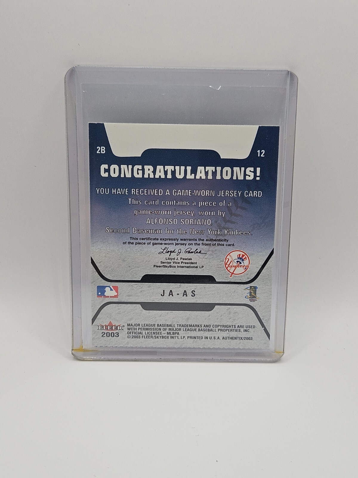 2003 Fleer Authentix Alfonso Soriano Game-Used Jersey Card #JA-AS MINT view 2